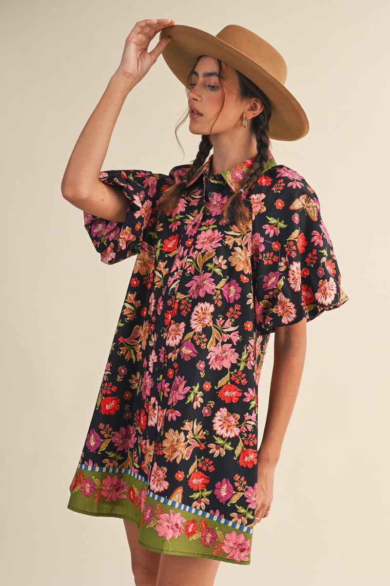 COLLARED BUTTON DOWN FLORAL MINI DRESS MDR4309