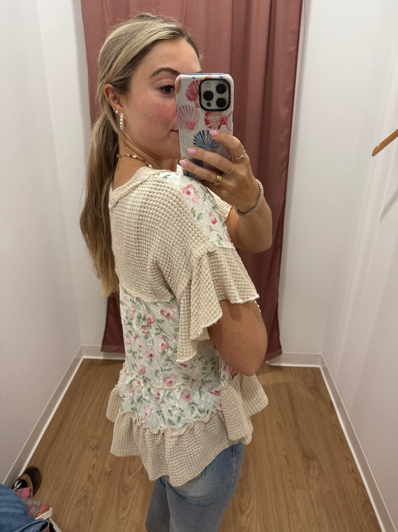 Waffle V-Neck Ruffle Detail Top