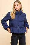 CJ6606-Peplum Bubbled Hem Puffer Jacket: NAVY / S