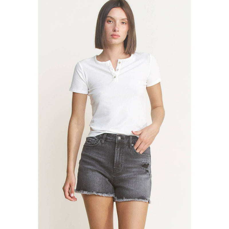 Mica Super High Rise Distressed Shorts: Washed Black