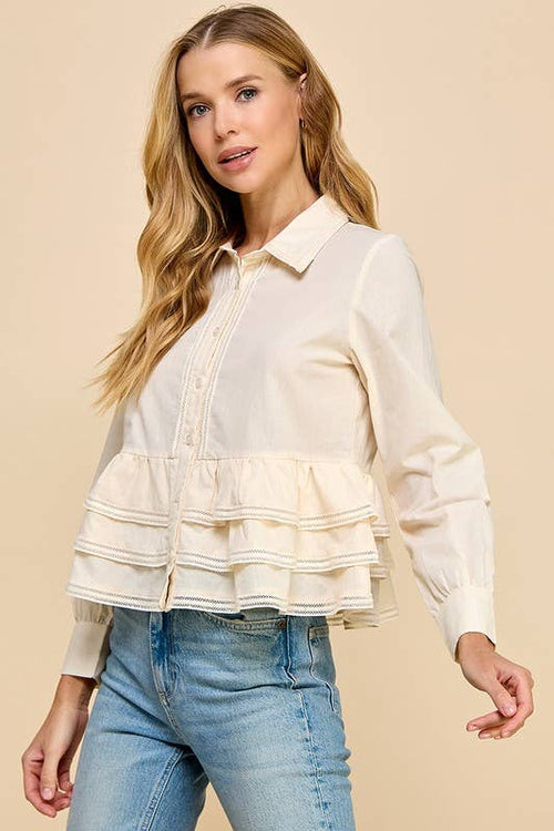 CT9128-Button Up Long Sleeve Peplum Waist Top: CREAM / S