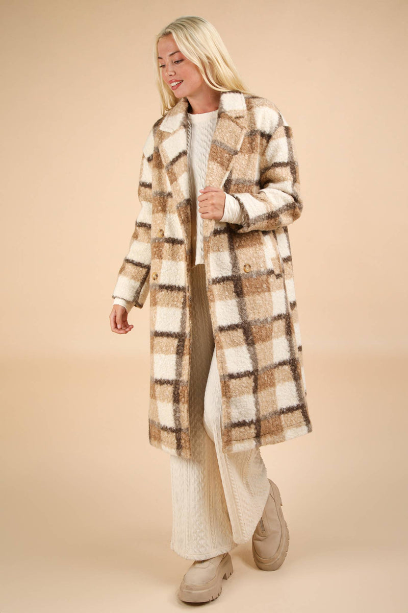 City Style Plaid Fuzzy Button Down Coat: Mocha