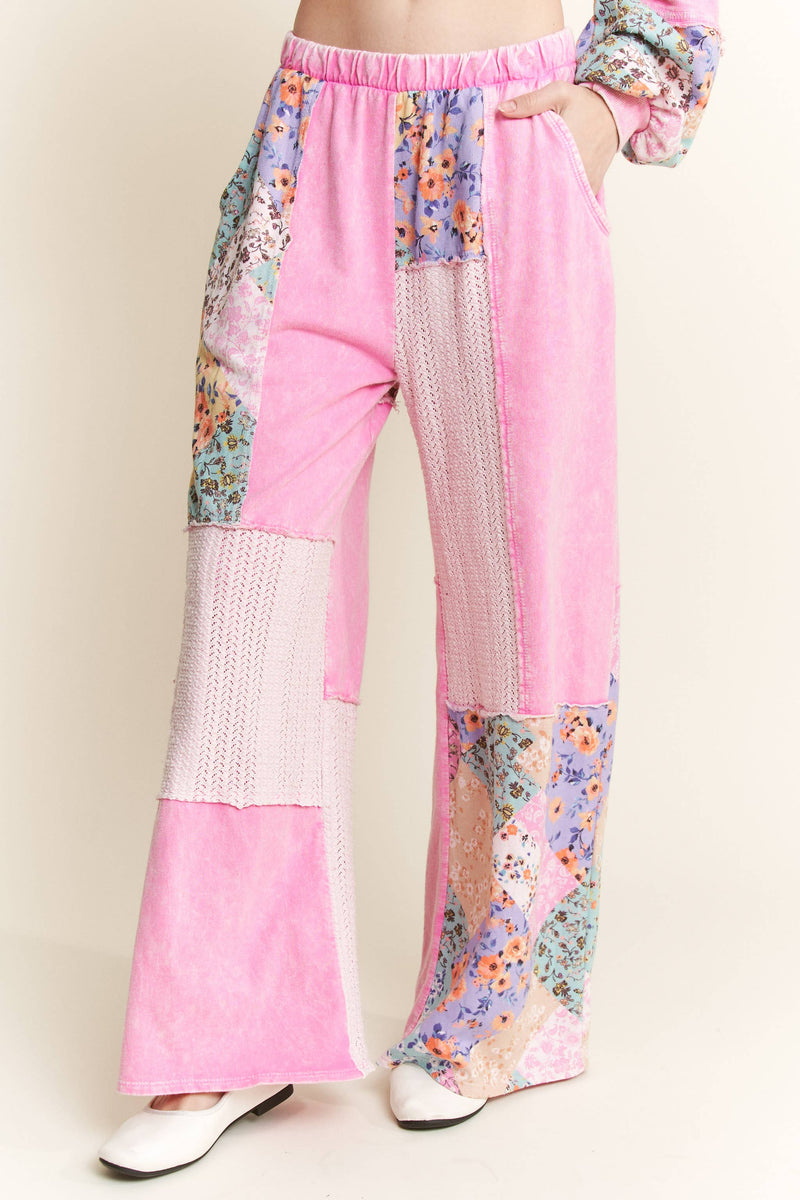 Mineral Washed Floral WaveKnit Jacquard Boho Pants HP6106: Natural / S-M-L / 2-2-2