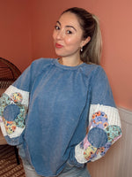 Spring Weekends Terry Patched Floral Sweater: Denim Blue