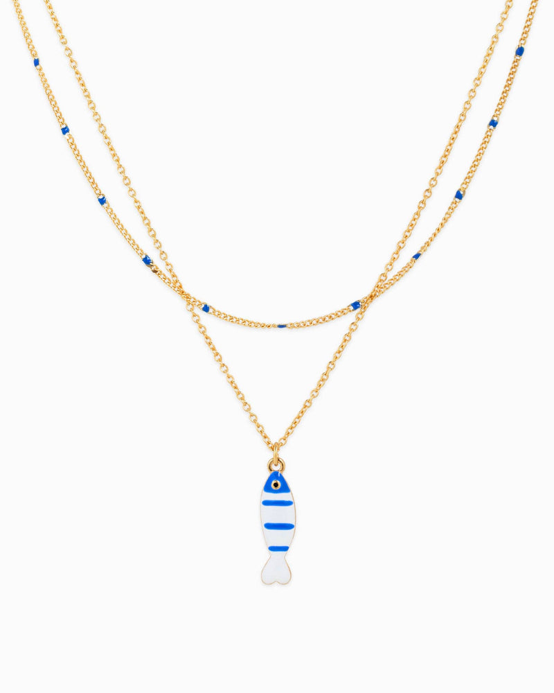 Layered Sea Life Marine Blue Fish Charm Necklace
