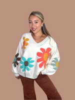 Cream Funky Floral V-Neck Sweater