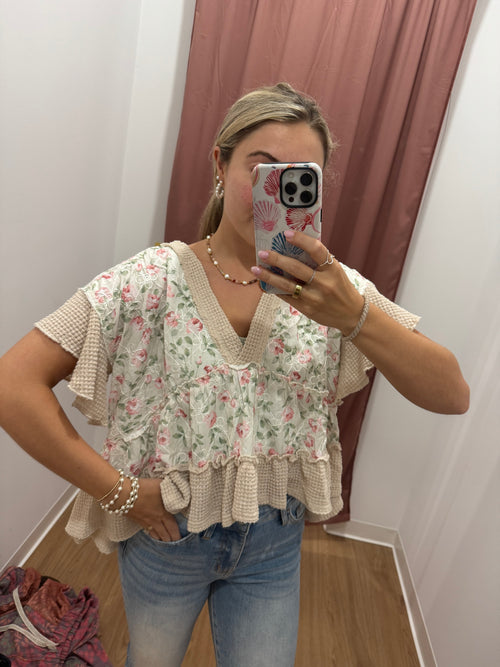 Waffle V-Neck Ruffle Detail Top