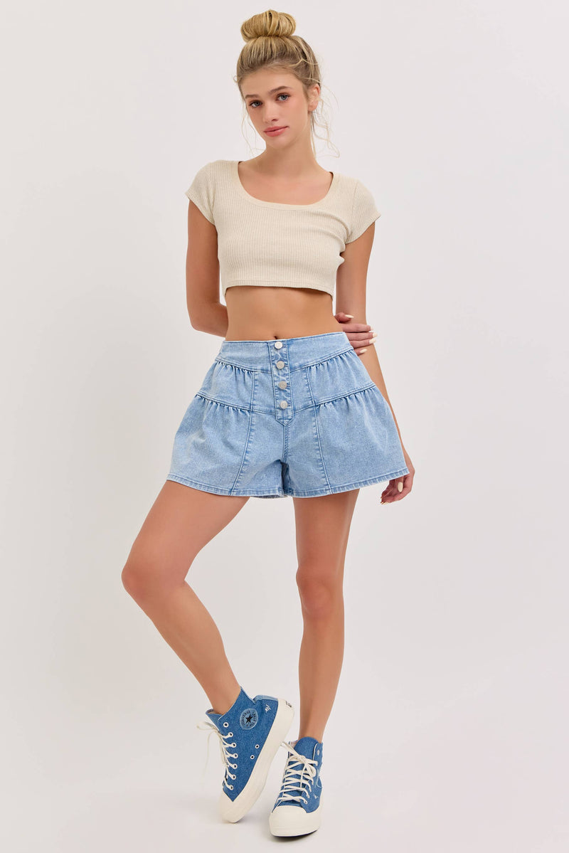 4 Button High Rise Flare Shorts