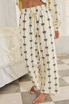 Bow Print Terry Drawstring Pants: Cream