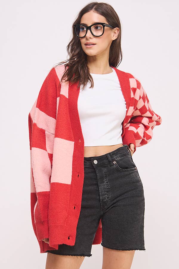 Pink & Red Checker Oversized Cardigan