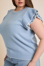 Light Blue Ruffle Short Sleeve Sweater