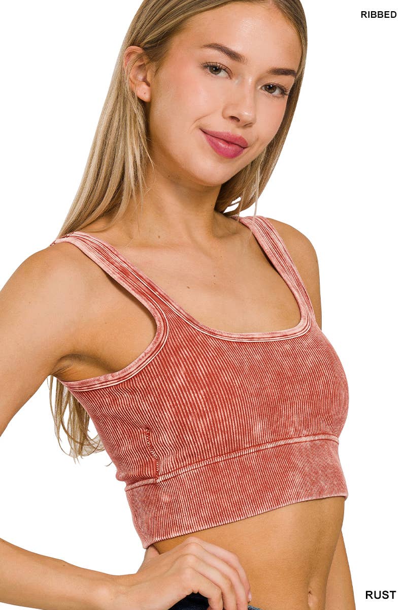 Washed Ribbed Square Neck Cropped Tank Top With Bra Pads: LT NAVY / 3-3 (S/M-L/XL)