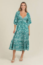 Turquoise Tie Front Smocked Dress