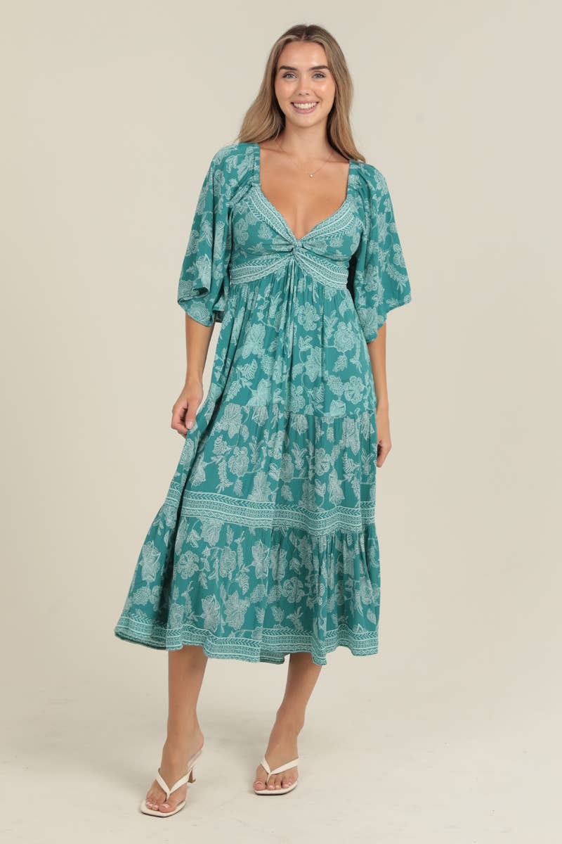 Turquoise Tie Front Smocked Dress