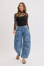 Denim Washed Floral Print Barrel Jeans