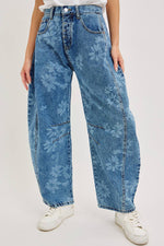 Denim Washed Floral Print Barrel Jeans