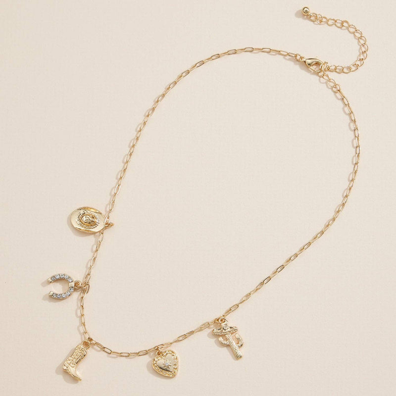 Western Charm Necklace with Horseshoe, Boot, Heart & Cactus