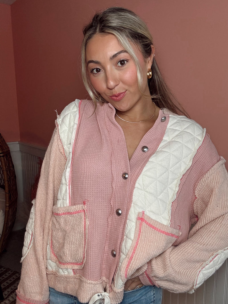 Baby Pink Mixed Media Button Down Hoodie