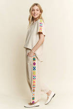 Mineral Washed Crochet Trim Pants: Natural