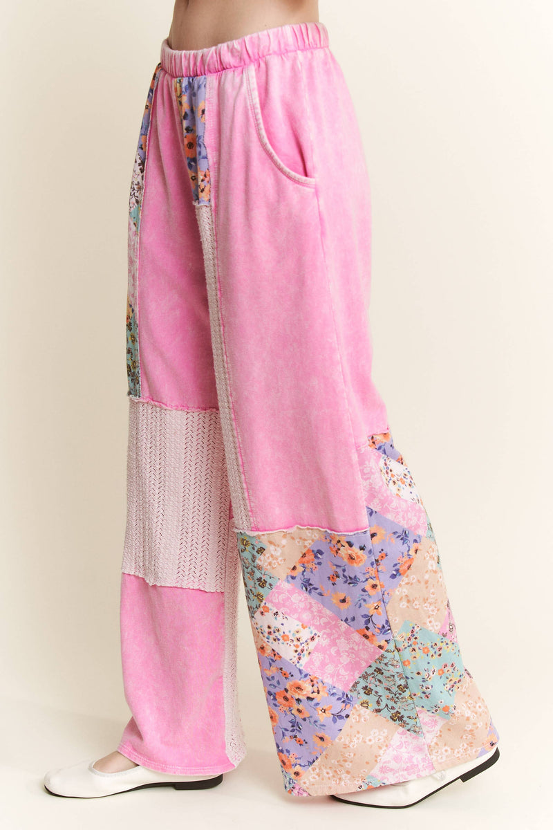 Mineral Washed Floral WaveKnit Jacquard Boho Pants HP6106: Natural / S-M-L / 2-2-2