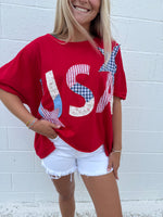 Oversized USA Patchwork Tee: Red