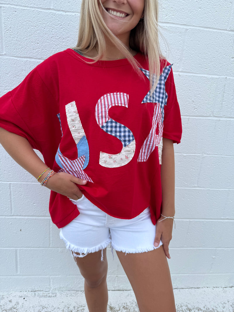 Oversized USA Patchwork Tee: Red