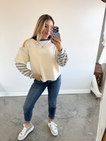 Striped Contrast Sleeve Oversized Terry Top: Cream