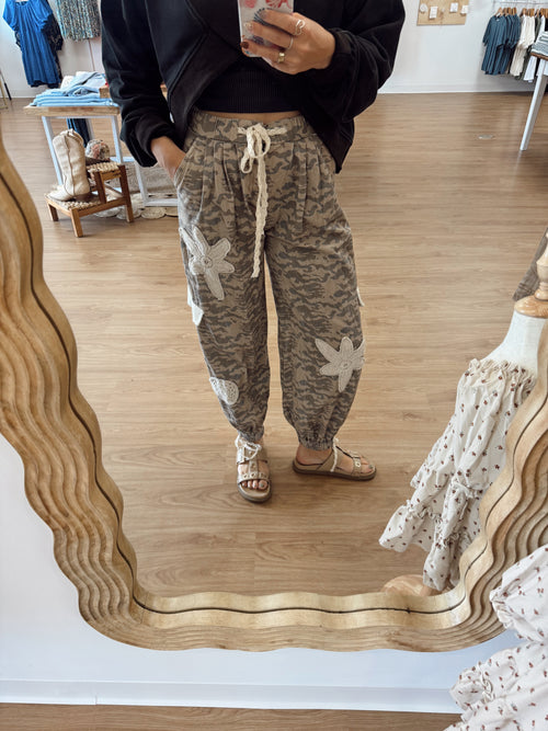 POL Camo & Crochet Daisy Jogger Pants