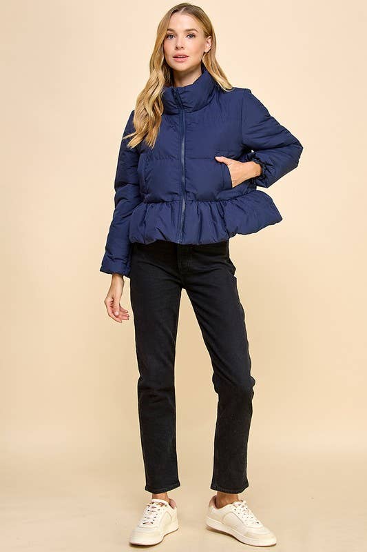 CJ6606-Peplum Bubbled Hem Puffer Jacket: NAVY / S