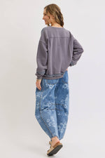 Denim Washed Floral Print Barrel Jeans