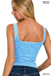 Washed Ribbed Cropped Bra Padded V-neck Tank Top: LT INDIGO / 3-3 (S/M-L/XL)