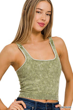 Washed Ribbed Square Neck Bra Padded Tank Top: ASH BLACK / 3-3 (S/M-L/XL)