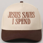 JESUS SAVES I SPEND Embroidery Trucker Hat: SKY BLUE / ONE SIZE