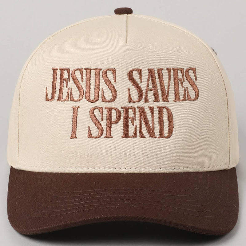 JESUS SAVES I SPEND Embroidery Trucker Hat: SAGE / ONE SIZE