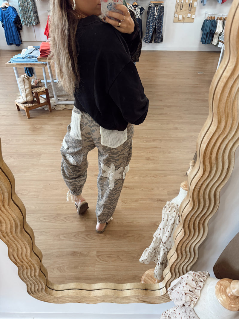 POL Camo & Crochet Daisy Jogger Pants