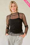 PLUS TURTLE NECK LACE STRETCH MESH SHEER TOP: Black / 1XL