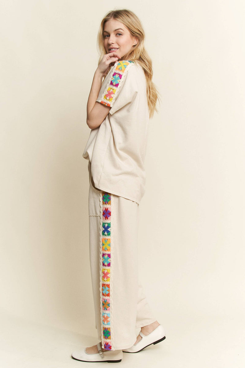 Mineral Washed Crochet Trim Pants: Natural