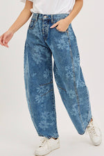 Denim Washed Floral Print Barrel Jeans