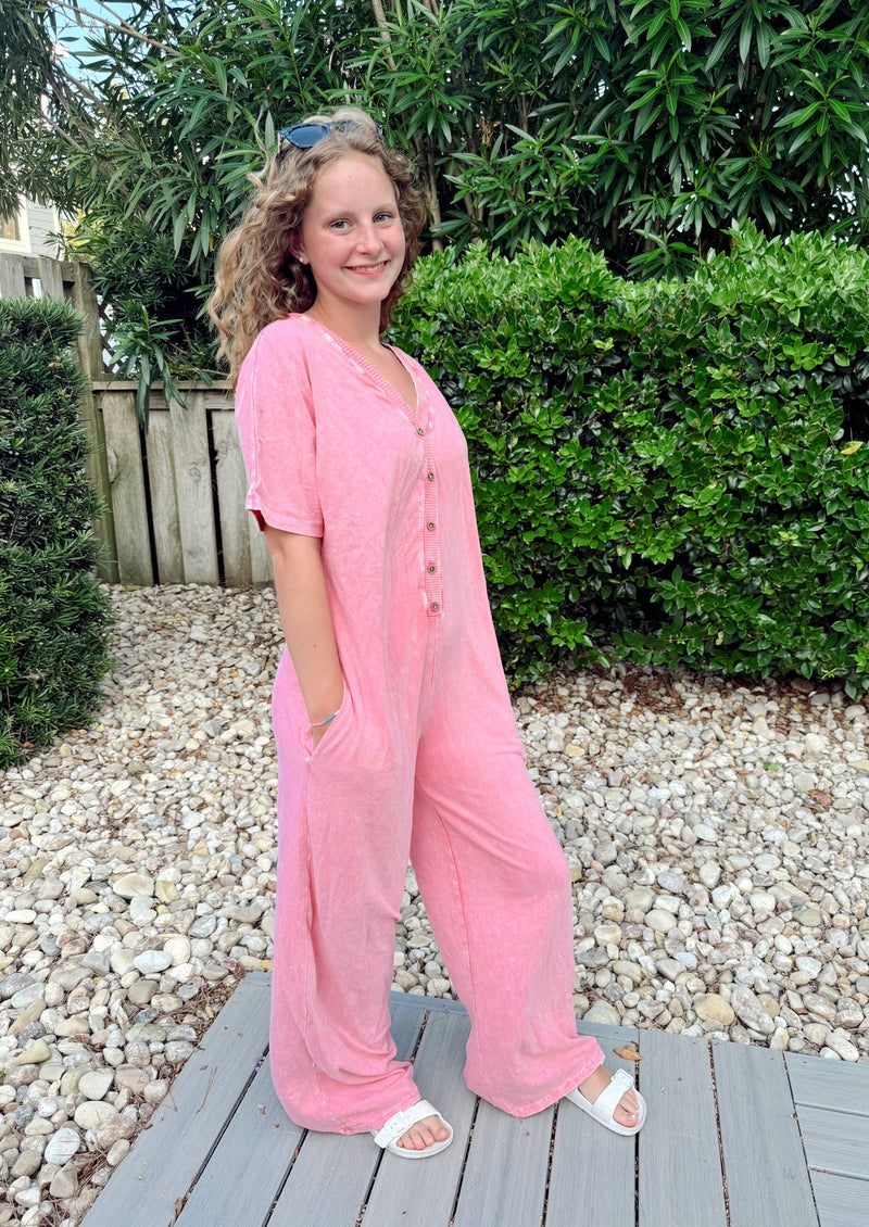 Mineral Wash Sweet Wide Leg Jumpsuit: Pink Red