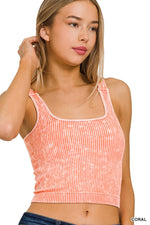 Washed Ribbed Square Neck Bra Padded Tank Top: CORAL / 3-3 (S/M-L/XL)