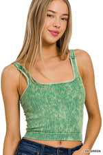 Washed Ribbed Square Neck Bra Padded Tank Top: SLEET / 3-3 (S/M-L/XL)