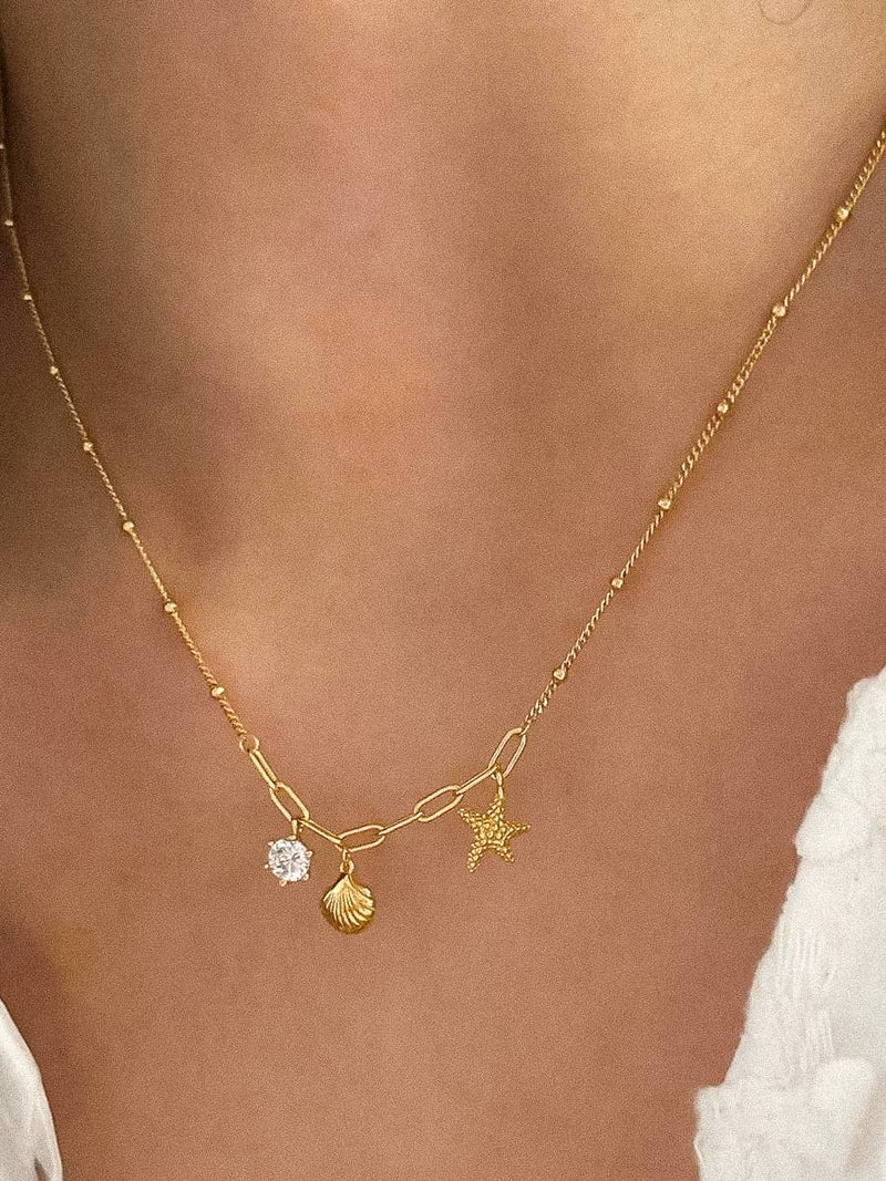 Roshell 18K Gold Non-Tarnish Shell and Start Necklace