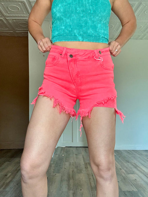 Risen Crossover Distressed Denim Shorts: Neon Coral