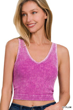 Washed Ribbed Cropped Bra Padded V-neck Tank Top: LT INDIGO / 3-3 (S/M-L/XL)