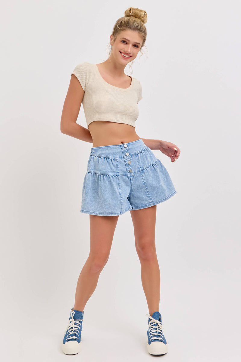 4 Button High Rise Flare Shorts