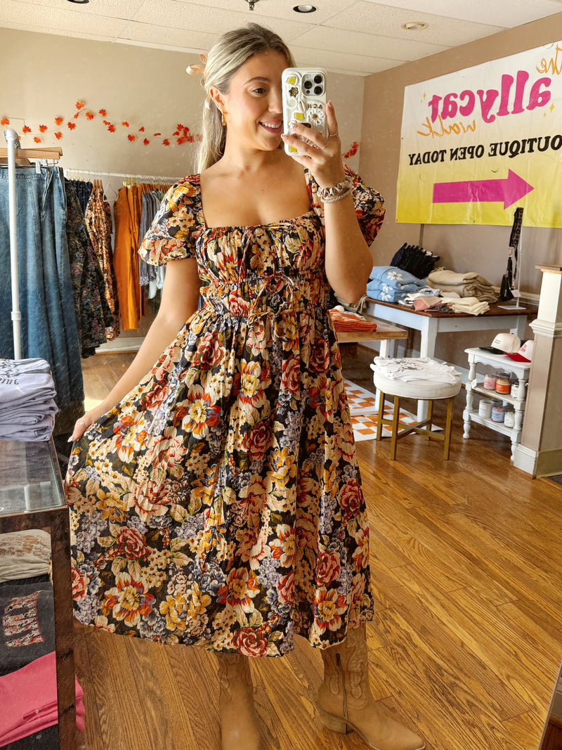 Fall Sun Harvest Midi Smocked Floral Dress