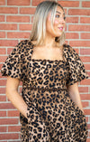 Leopard & Scallop Puff Sleeve Midi Dress