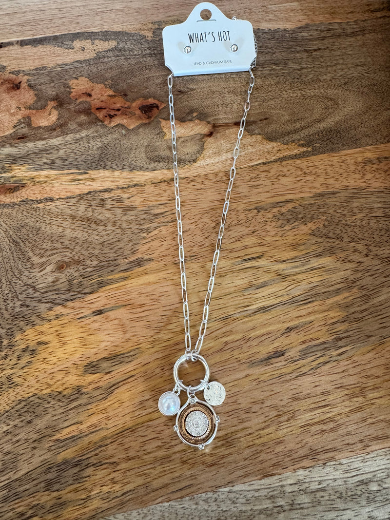 Silver Triple Charm Necklace / Studs