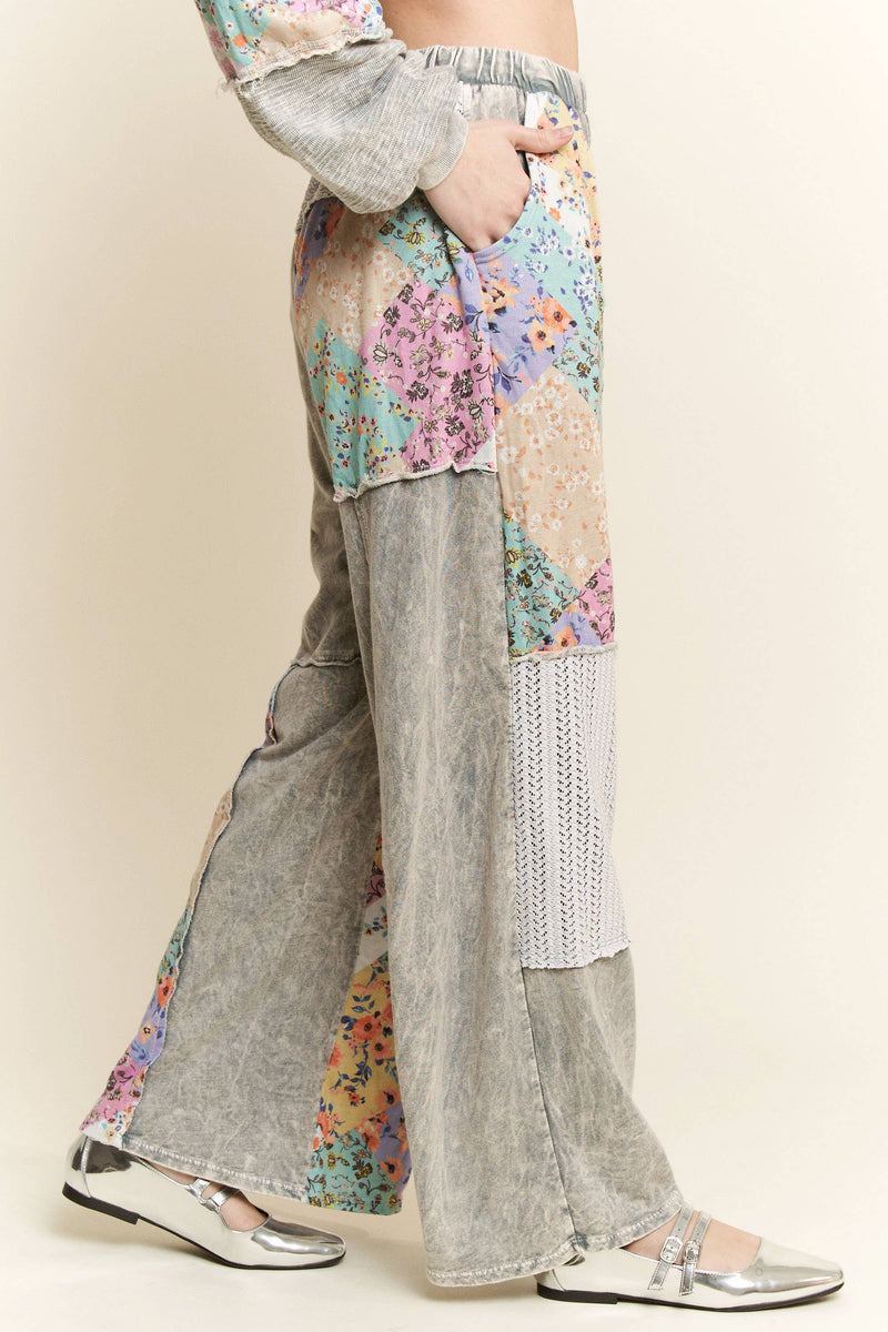 Mineral Washed Floral WaveKnit Jacquard Boho Pants HP6106: Natural / S-M-L / 2-2-2