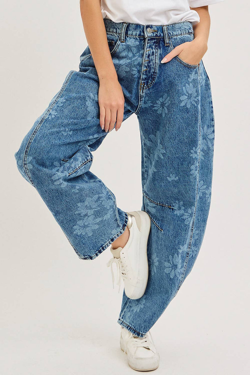Denim Washed Floral Print Barrel Jeans